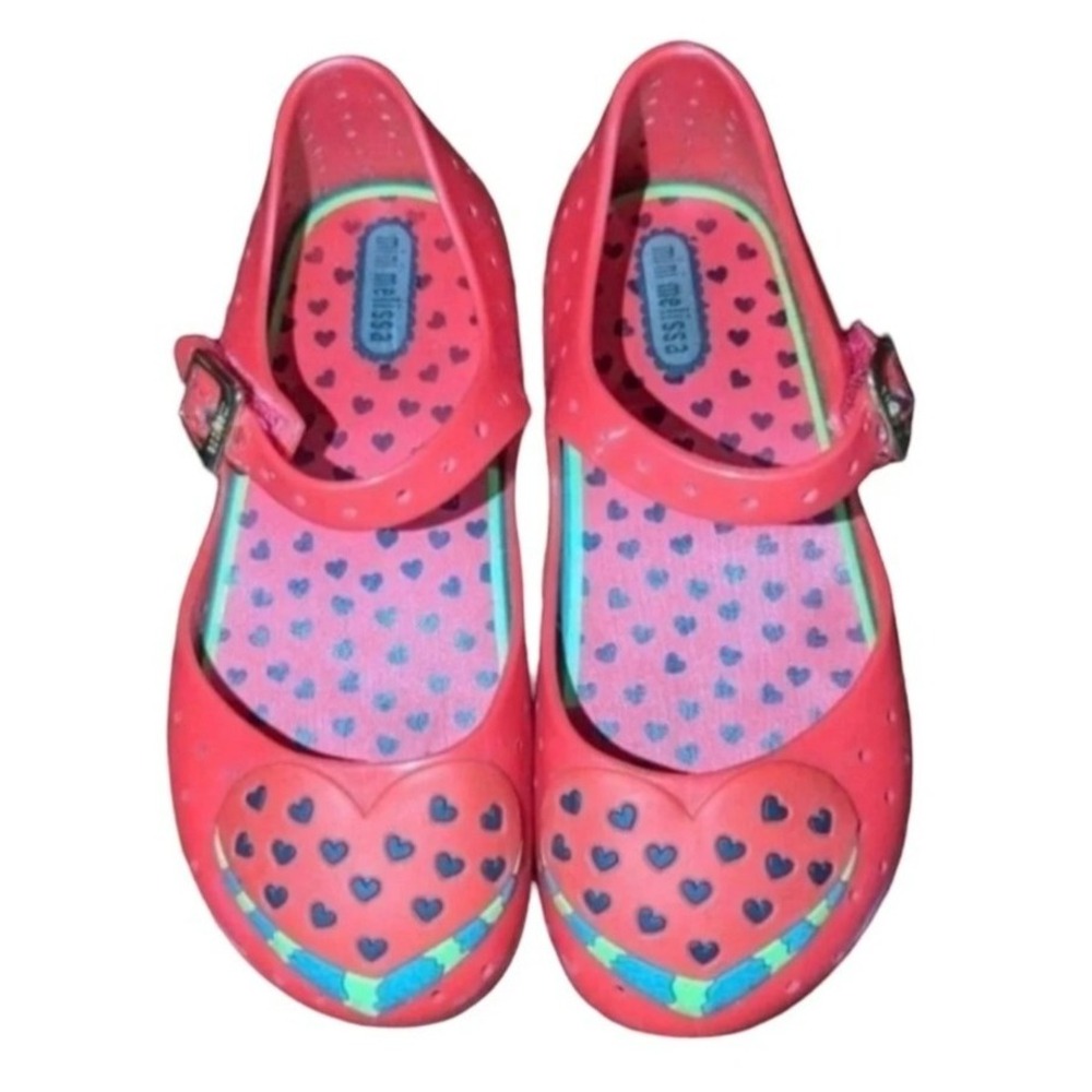 ☀️MINI MELISSA Girls Watermelon Jelly Shoes 10 Red Love Heart Mary Janes ❣️